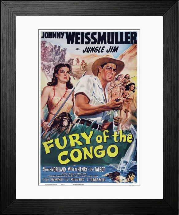 Framed Print : FURY OF THE CONGO, US poster art, from left: Sherry Moreland, Johnny Weissmuller, 1951 Framed Print : FURY OF THE CONGO, US poster art, from left: Sherry Moreland, Johnny Weissmuller, 1951
