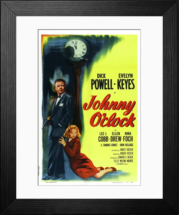Framed Print : JOHNNY O'CLOCK, US poster art, from left: Dick Powell, Evelyn Keyes, 1947
