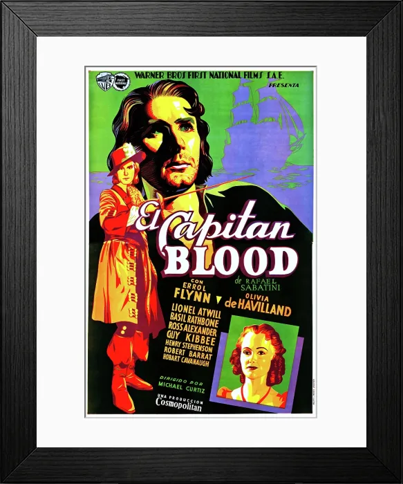 Framed Print : CAPTAIN BLOOD, (aka EL CAPTAIN BLOOD), Spanish language poster art, from left: Errol Flynn, Olivia De Havilland, 1935