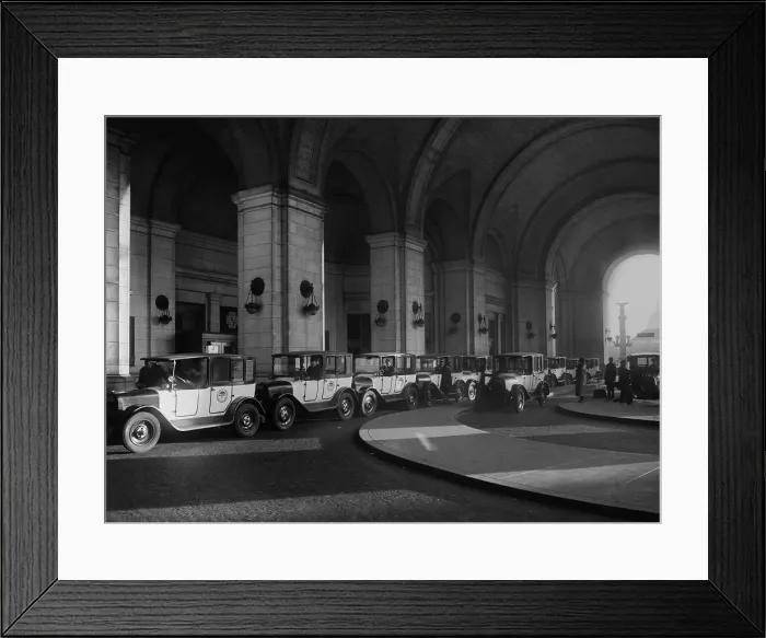 Framed Print : Black and White Taxi Co. standing at Union Station, Washington, D.C. 1924 (BSLOC_2016_10_121)