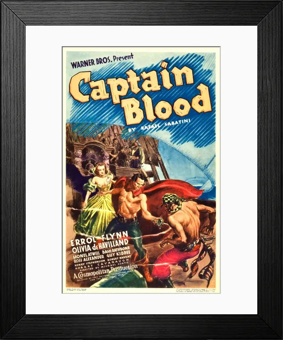 Framed Print : CAPTAIN BLOOD, from left: Olivia De Havilland, Errol Flynn on midget window card, 1935