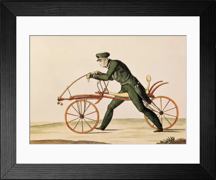Framed Print : Laufmaschine (running machine), named Draisine, bicycle invented by Baron Karl Christian Ludwig Drais von Sauerbronn in 1817. Etching. FRANCE. Paris
