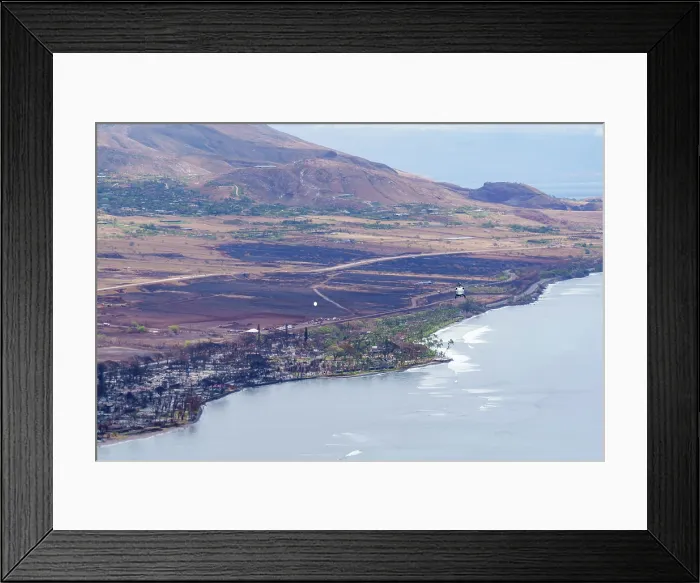 Framed Print : View of the ruins of Kahului, Hawaii, taken during the Marine One fly over fire damage, on August 21, 2023