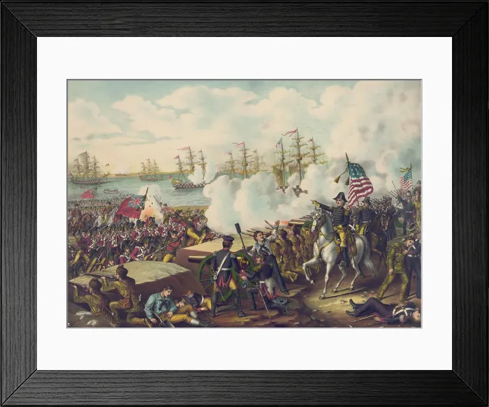 Framed Print : Gen. Andrew Jackson on horseback commanding US troops in Battle of New Orleans. British troops in redcoats, march into American fire from a fortified line on Jan. 8, 1815 Framed Print : Gen. Andrew Jackson on horseback commanding US troops in Battle of New Orleans. British troops in redcoats, march into American fire from a fortified line on Jan. 8, 1815