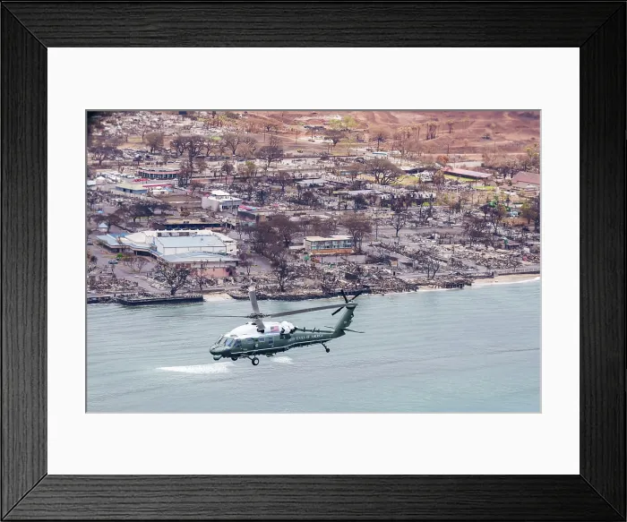 Framed Print : Helicopter with President Joe Biden, First Lady Jill Biden, and Hawaiian elected officials on board Marine One, tour the damage from deadly wildfires on the island of Maui Framed Print : Helicopter with President Joe Biden, First Lady Jill Biden, and Hawaiian elected officials on board Marine One, tour the damage from deadly wildfires on the island of Maui