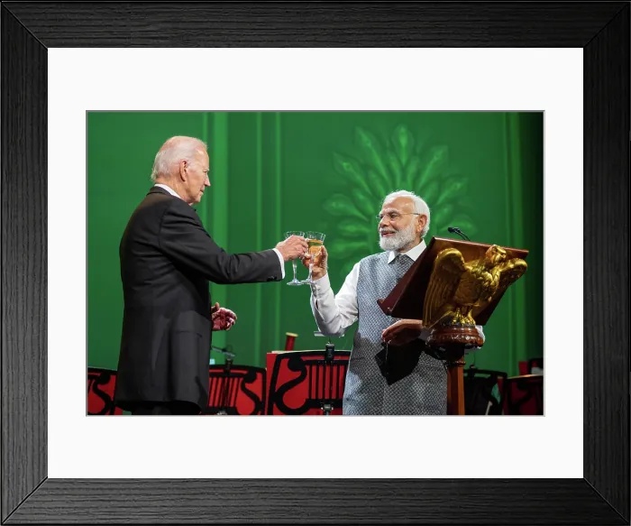 Framed Print : President Joe Biden and Prime Minister Narendra Modi speak as they toast, during the State Dinner, June 22, 2023, in a pavilion on the South Lawn of the White House Framed Print : President Joe Biden and Prime Minister Narendra Modi speak as they toast, during the State Dinner, June 22, 2023, in a pavilion on the South Lawn of the White House