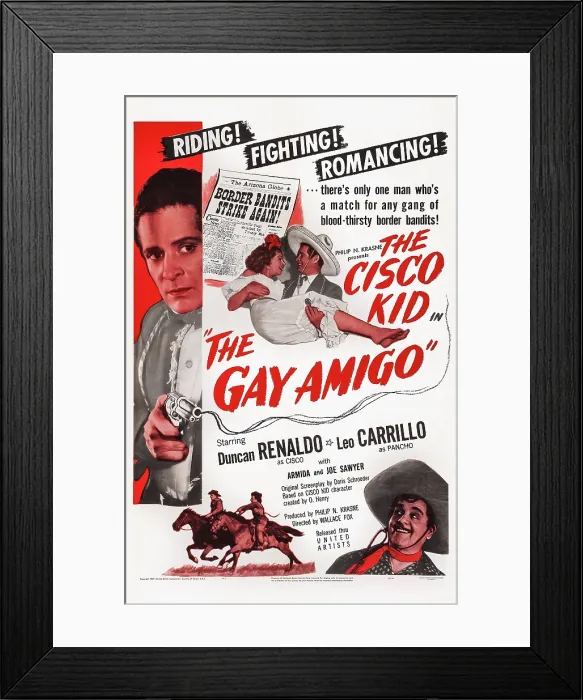 Framed Print : THE GAY AMIGO, US poster art, top left and right: Duncan Renaldo; center: Armida; bottom right: Leo Carrillo, 1949