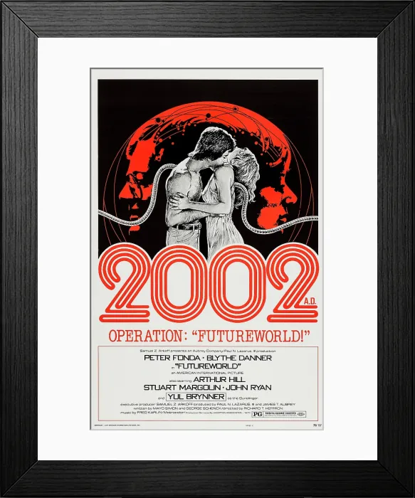 Framed Print : FUTUREWORLD, l-r: Peter Fonda, Blythe Danner on poster art, 1976