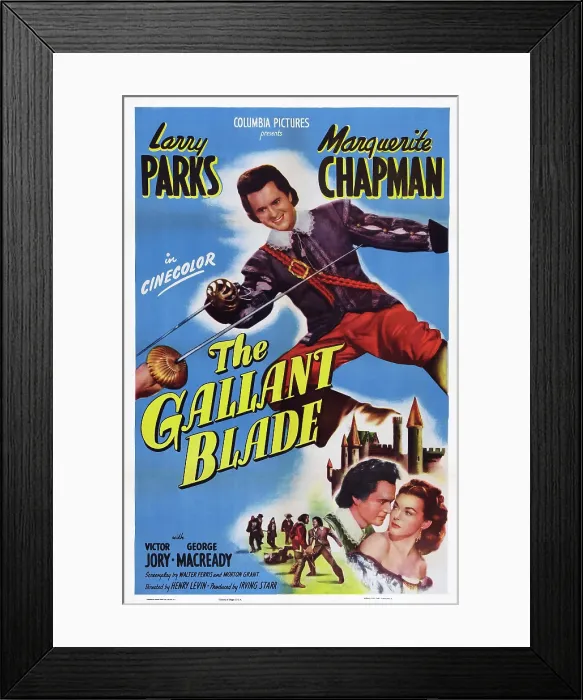 Framed Print : THE GALLANT BLADE, US poster art, top: Larry Parks; bottom from left: Larry Parks, Marguerite Chapman, 1948