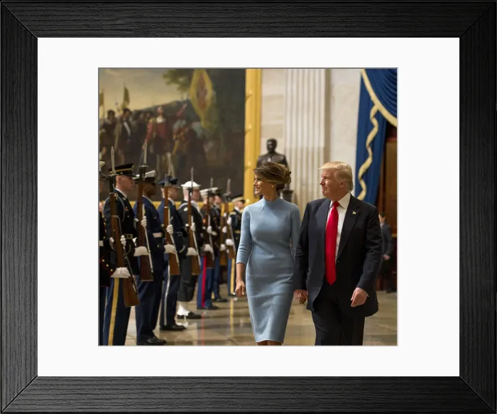 Framed Print : President Donald Trump and First Lady Melania Trump walk through a joint forces honor cordon