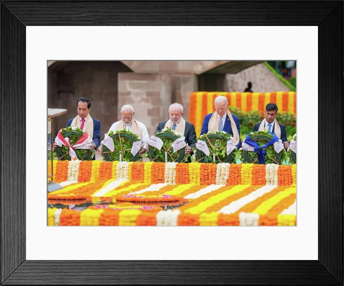 Framed Print : President Joe Biden visits the Raj Ghat Memorial to Mahatma Gandhi with other G20 leaders, Sept. 10, 2023, in Delhi Framed Print : President Joe Biden visits the Raj Ghat Memorial to Mahatma Gandhi with other G20 leaders, Sept. 10, 2023, in Delhi