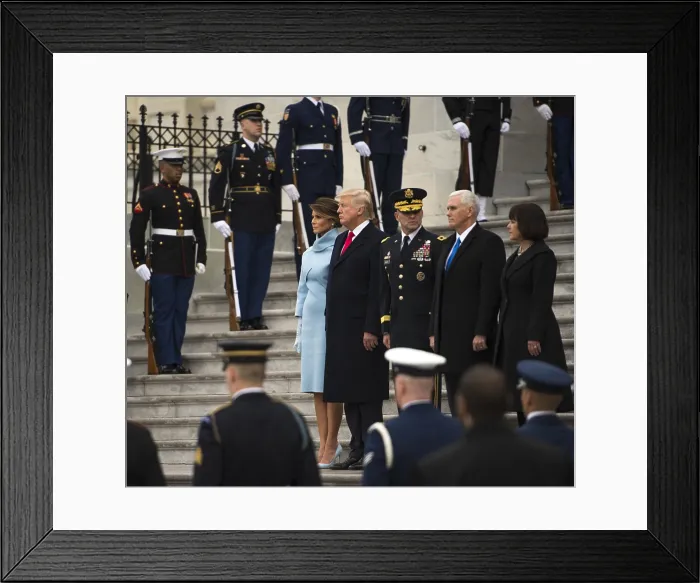 Framed Print : Newly inaugurated President Donald Trump reviewing troops from the Capitol steps, Jan. 20, 2017
