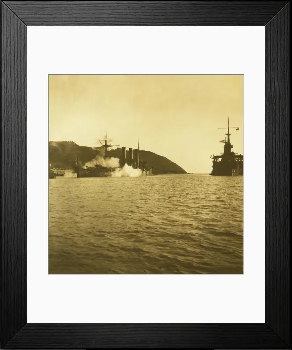 Framed Print : Imperial Russian battleship Pallada struck by a 500 lb. Japanese shell in Port Arthur, Dec. 1904. White smoke rises from the ship blockaded in the Harbor of Port Arthur