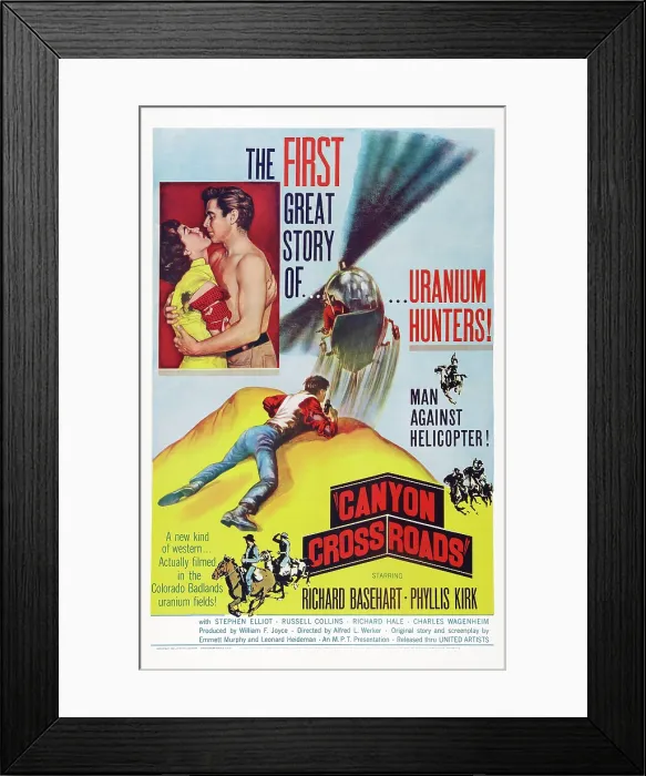 Framed Print : CANYON CROSSROADS, US poster art, kissing from left: Phyllis Kirk, Richard Basehart, 1956