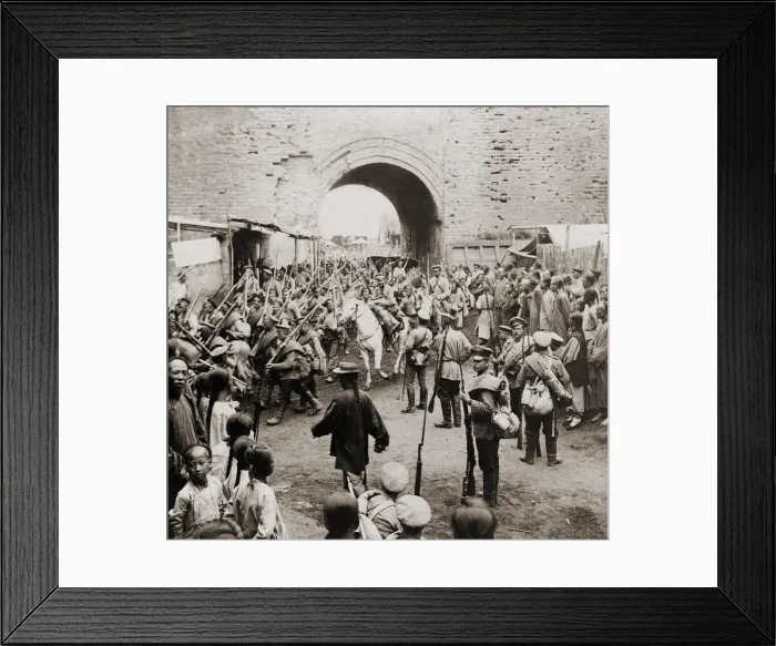 Framed Print : Russian soldiers passing through the gates of Mukden, Manchuria, during the Russo-Japanese War, possibly in Feb. 1905