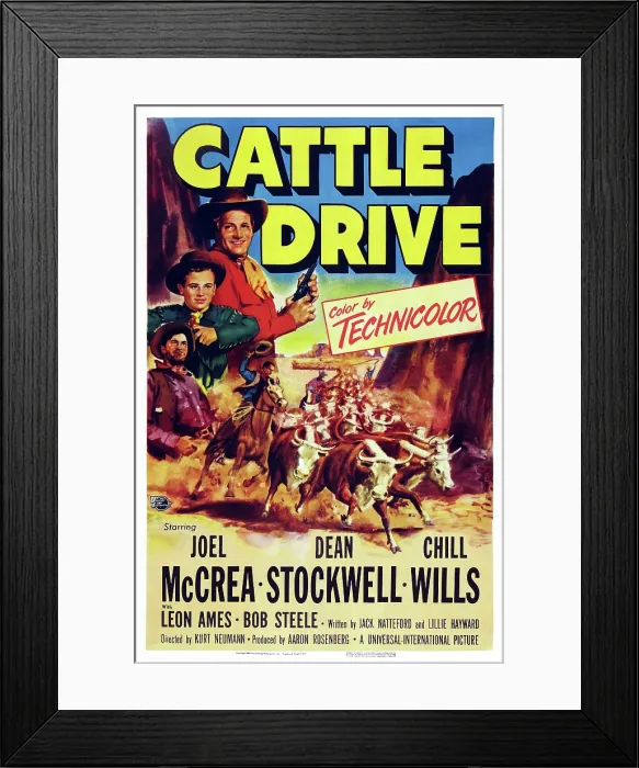 Framed Print : CATTLE DRIVE, US poster art, from top left: Joel McCrea, Dean Stockwell, Chill Wills, 1951
