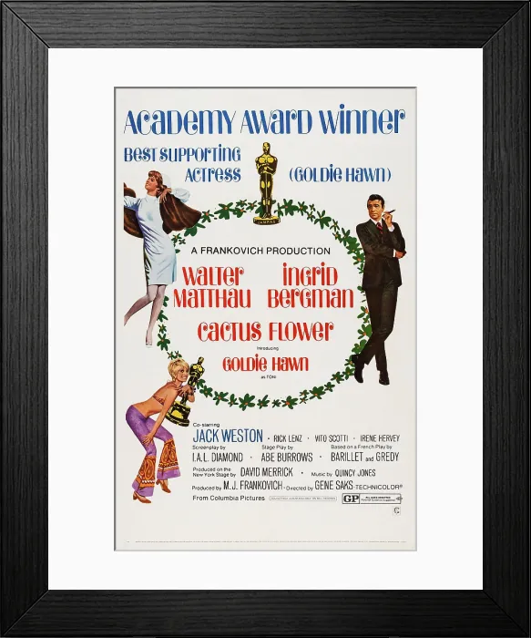 Framed Print : CACTUS FLOWER, US poster art, clockwise from top left: Ingrid Bergman, Walter Matthau, Goldie Hawn, 1969