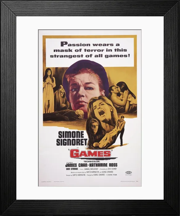 Framed Print : GAMES, top l-r: Katharine Ross, Simone Signoret, James Caan, Katharine Ross, bottom center: Katharine Ross on poster art, 1967 Framed Print : GAMES, top l-r: Katharine Ross, Simone Signoret, James Caan, Katharine Ross, bottom center: Katharine Ross on poster art, 1967
