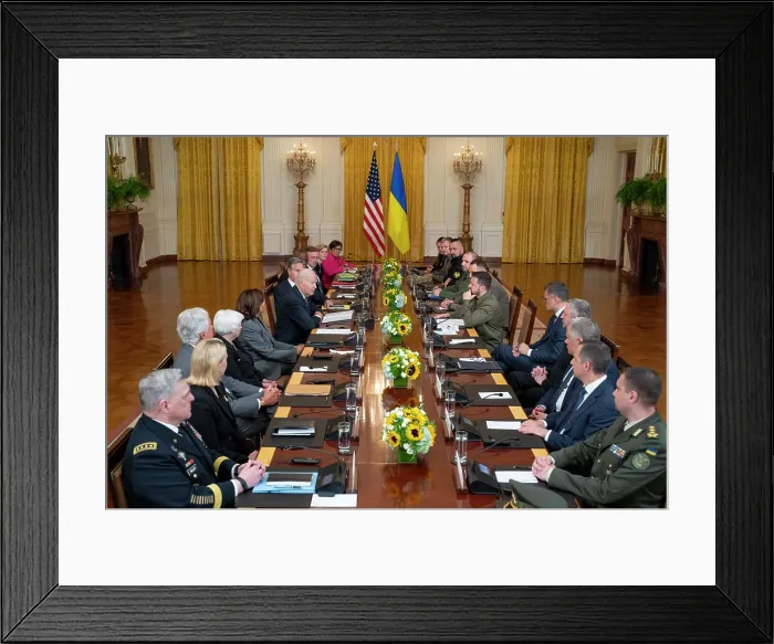 Framed Print : Presidents Joe Biden and Ukrainian Volodymyr Zelenskyy, meet with high ranking military and civilian officials