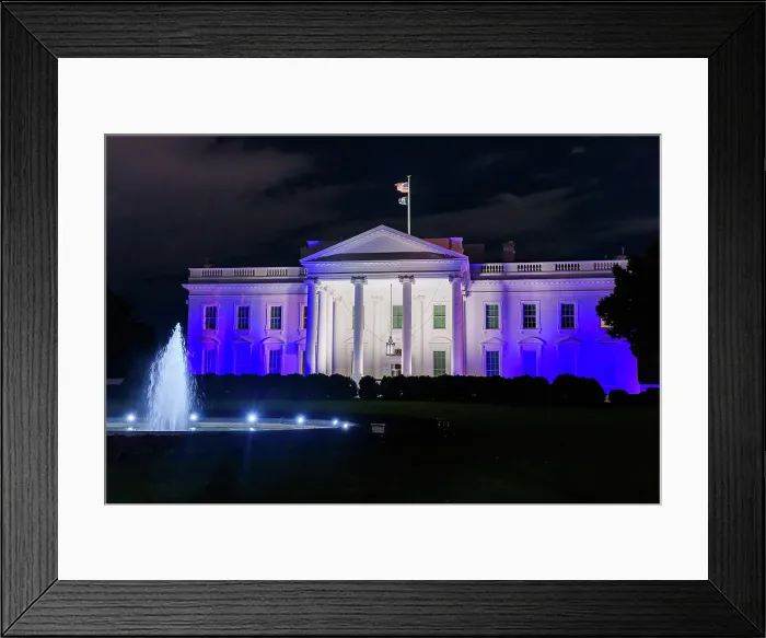 Framed Print : White House is illuminated in the colors of the Israeli flag as a symbol of the United States the support and solidarity of the American people with the people of Israel