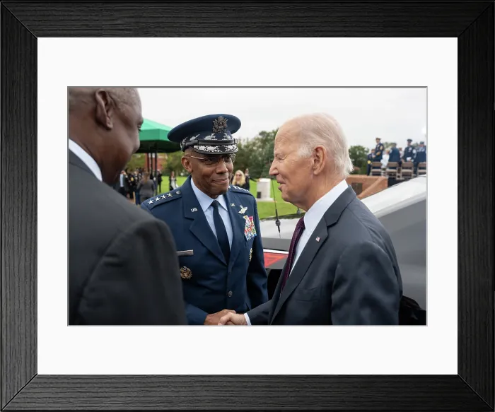 Framed Print : President Joe Biden shakes hands with incoming Joint Chief of Staff, Air Force General Charles Q. Brown, Jr. as Lloyd Austin, Secretary of Defense looks on, Sept. 29, 2023 Framed Print : President Joe Biden shakes hands with incoming Joint Chief of Staff, Air Force General Charles Q. Brown, Jr. as Lloyd Austin, Secretary of Defense looks on, Sept. 29, 2023