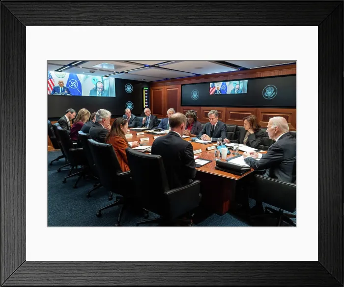 Framed Print : President Joe Biden meets with his national security team in the White House Situation Room, Oct. 10, 2023, following the Hamas terrorist attacks of Oct. 7, 2023 Framed Print : President Joe Biden meets with his national security team in the White House Situation Room, Oct. 10, 2023, following the Hamas terrorist attacks of Oct. 7, 2023