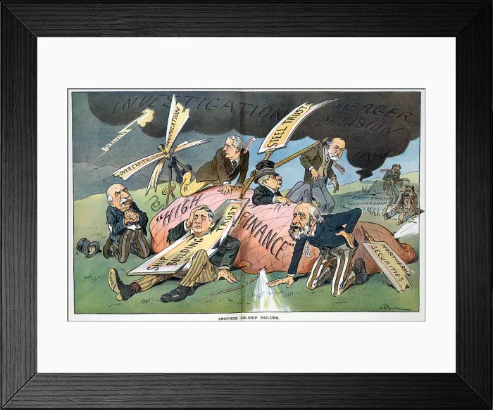 Framed Print : J.P. Morgan. Political cartoon lampooning the Supreme Court's ruling against the Northern Securities monopoly. 1904