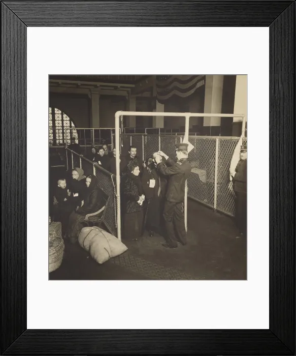 Framed Print : US inspectors examining eyes of immigrants at Ellis Island, in New York Harbor, c. 1900
