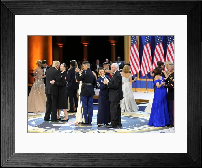 Framed Print : President Donald Trump, VP Mike Pence, and wives dance with the military and first responders Framed Print : President Donald Trump, VP Mike Pence, and wives dance with the military and first responders