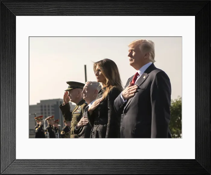 Framed Print : President Trump during the 9 / 11 Observance Ceremony at the Pentagon, Sept. 11, 2017. Standing in salute, R-L: President Donald Trump, First Lady Melania Trump, Defense Sec