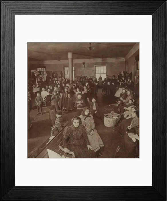 Framed Print : Newly arrived women and children immigrants awaiting examination at Ellis Island, c. 1900-1910 (BSLOC_2018_1_17)