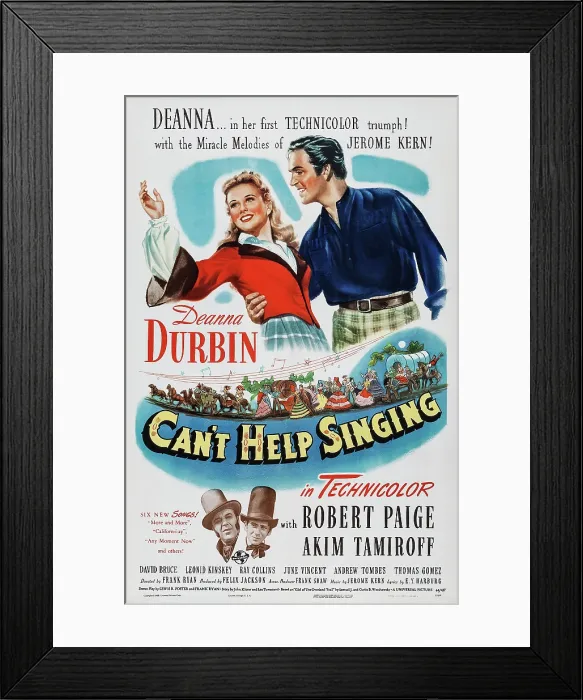 Framed Print : CAN'T HELP SINGING, top l-r: Deanna Durbin, Robert Paige, bottom left: Akim Tamiroff on poster art, 1944 Framed Print : CAN'T HELP SINGING, top l-r: Deanna Durbin, Robert Paige, bottom left: Akim Tamiroff on poster art, 1944