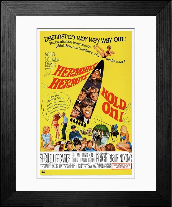 Framed Print : HOLD ON!, US poster art, Herman's Hermits; clockwise from bottom left inset: Derek Leckenby, Keith Hopwood, Barry Whitwam, Karl Green, Peter Noone, 1966 Framed Print : HOLD ON!, US poster art, Herman's Hermits; clockwise from bottom left inset: Derek Leckenby, Keith Hopwood, Barry Whitwam, Karl Green, Peter Noone, 1966