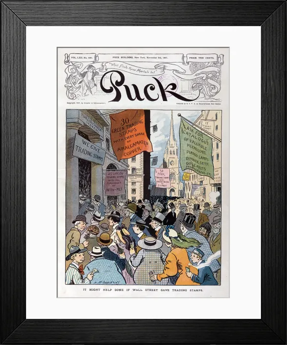 Framed Print : Panic of 1907. Illustration shows a throng of people on Wall Street rushing to purchase stocks from trading houses that offer various amounts of green or pink trading stamps. 1907 Framed Print : Panic of 1907. Illustration shows a throng of people on Wall Street rushing to purchase stocks from trading houses that offer various amounts of green or pink trading stamps. 1907