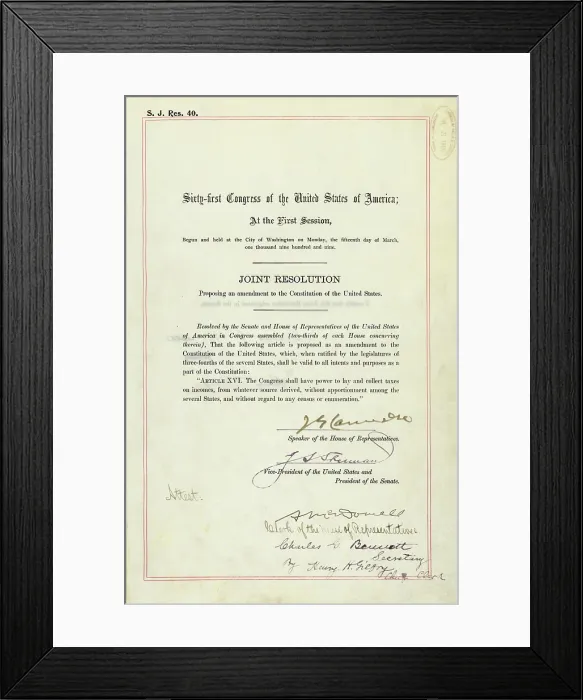 Framed Print : 16th Amendment to the U.S. Constitution: the 16th amendment established Congress's right to impose a Federal income tax. 1913