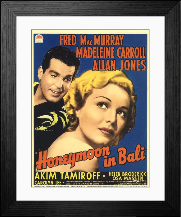 Framed Print : HONEYMOON IN BALI, from left: Fred MacMurray, Madeleine Carroll on midget window card, 1939