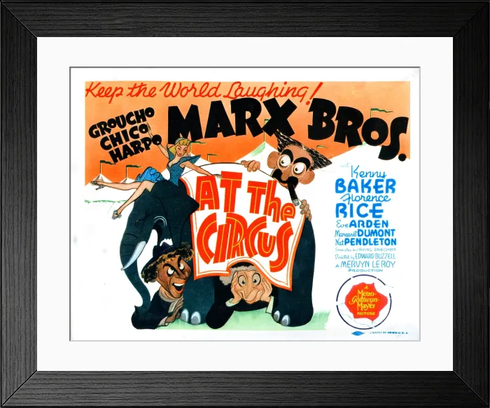 Framed Print : AT THE CIRCUS US lobbycard, from left: Chico Marx, Harpo Marx, Groucho Marx (The Marx Brothers, 1939)