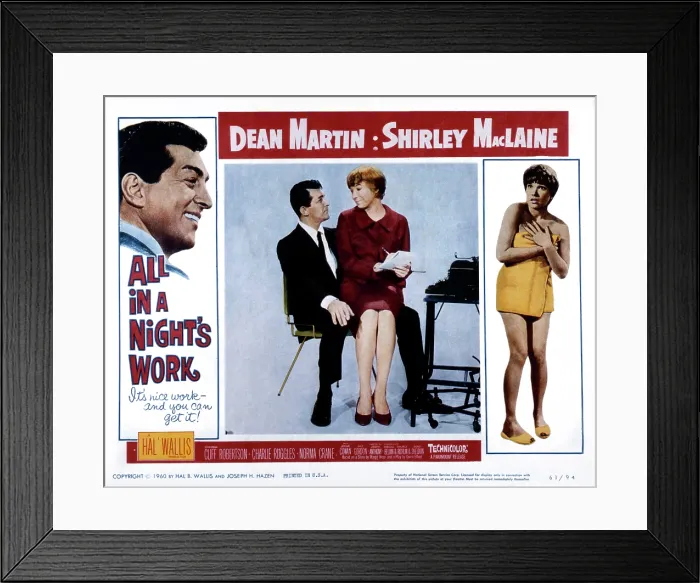 Framed Print : ALL IN A NIGHT'S WORK, US lobbycard, from left: Dean Martin, Shirley MacLaine, 1961