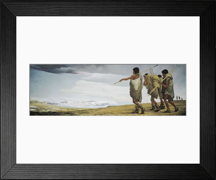 Framed Print : Prehistory. The passing of Asian men to America. Work by Iker Larrauri located in the Sala de los Orgenes (Room of the Origins). MEXICO. Mexico City