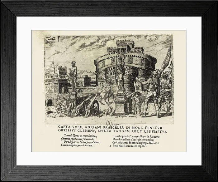 Framed Print : Sack of Rome or 'Sacco di Roma' (1527). Charles V's mutinous troops watch over Castel Samt'Angelo, where Pope Clement VII was imprisoned. Xylography. FRANCE