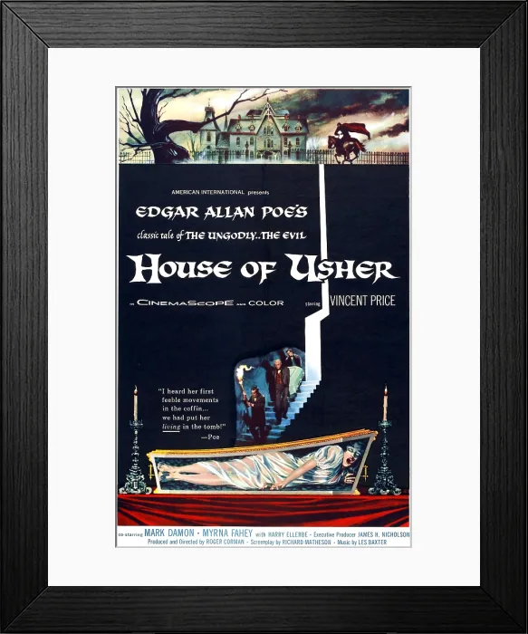 Framed Print : HOUSE OF USHER, (aka THE FALL OF THE HOUSE OF USHER), 1-sheet poster art by Reynold Brown, 1960 Framed Print : HOUSE OF USHER, (aka THE FALL OF THE HOUSE OF USHER), 1-sheet poster art by Reynold Brown, 1960