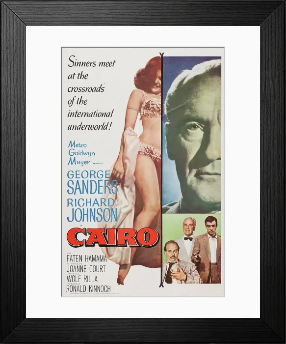 Framed Print : CAIRO, US poster art, from left: Faten Hamama, George Sanders; inset from left: Eric Pohlmann, Walter Rilla, Richard Johnson, 1963