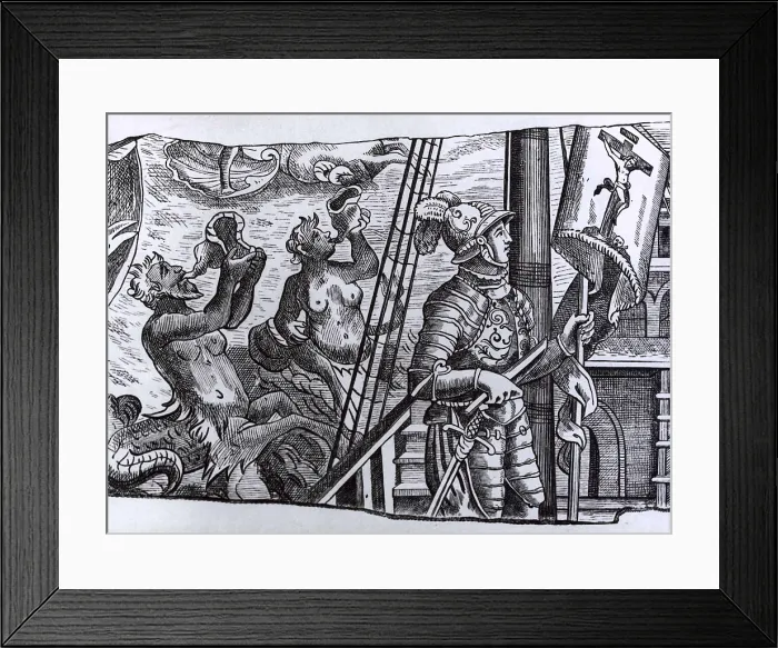 Framed Print : COLUMBUS, ChrIstopher (1451-1506). Christopher Columbus First Voyage to America (1492). Columbus on the deck of the Santa Mara together with a triton and a mermaid