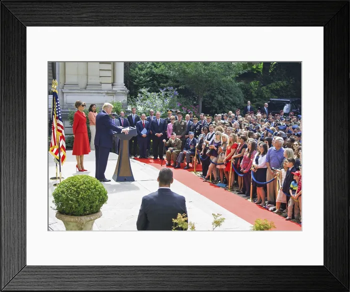 Framed Print : President Donald Trump speaks to service members and veterans in Paris Framed Print : President Donald Trump speaks to service members and veterans in Paris