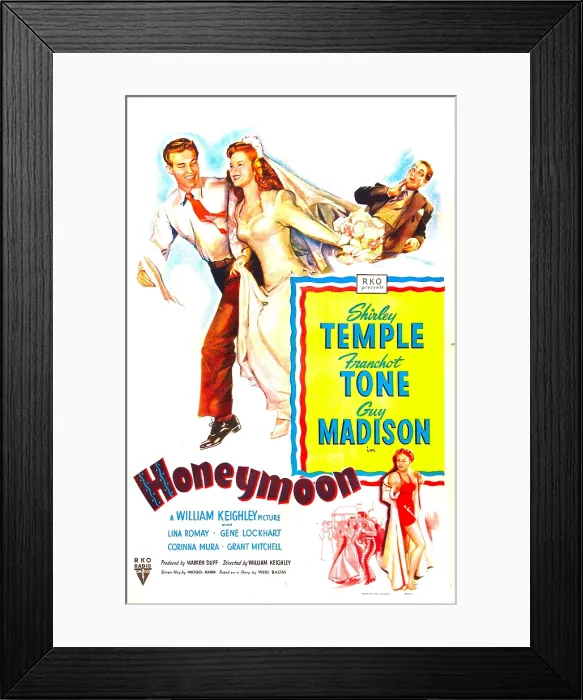 Framed Print : HONEYMOON, US poster, top from left: Guy Madison, Shirley Temple, Franchot Tone, bottom right: Lina Romay, 1947 Framed Print : HONEYMOON, US poster, top from left: Guy Madison, Shirley Temple, Franchot Tone, bottom right: Lina Romay, 1947