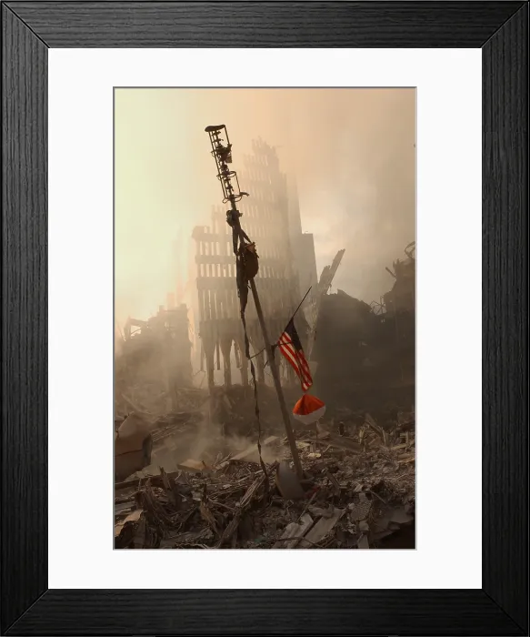 Framed Print : The airplane alert antenna sits amidst the rubble of the World Trade Center, Sept 13, 2001