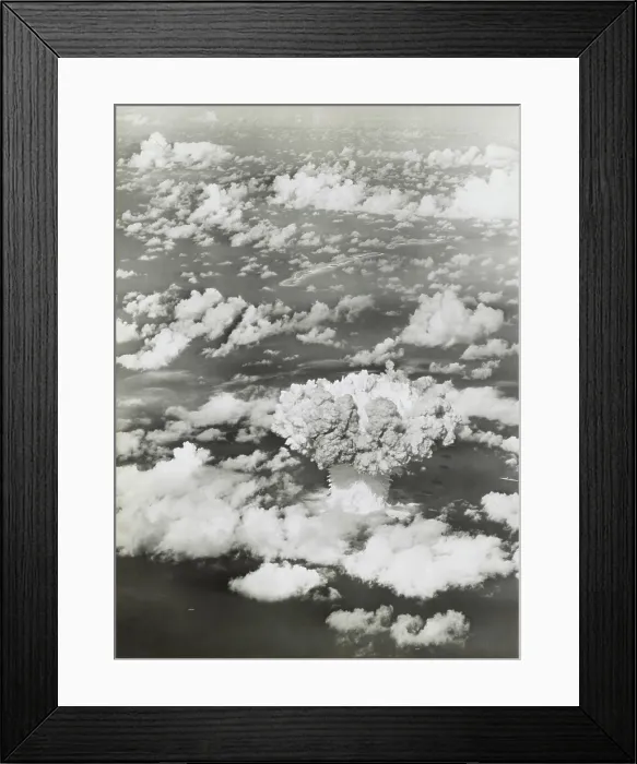 Framed Print : The BAKER test of Operation Crossroads, July 25, 1946. The fireball and mushroom cloud and water column emerge rise from the ocean surface Framed Print : The BAKER test of Operation Crossroads, July 25, 1946. The fireball and mushroom cloud and water column emerge rise from the ocean surface