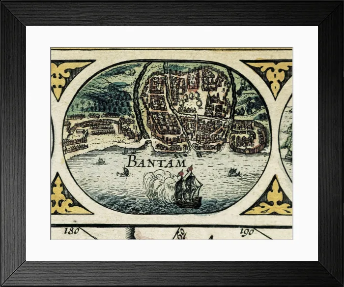 Framed Print : BLAEU, Willem Janszoon (1571-1638); BLAEU, Jan (1596-1673). Le Theatre du Monde (The World Theatre). 1645. Detail of the mapamundi con la representacin de Bantam (now Bataan)