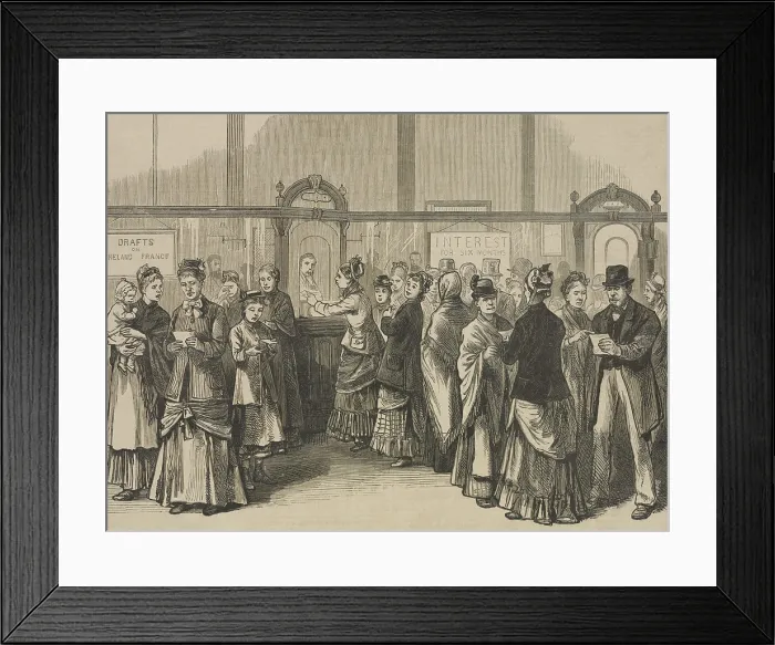 Framed Print : Irish Americans withdrawing money to send to the old country during the Famine of 1879-80