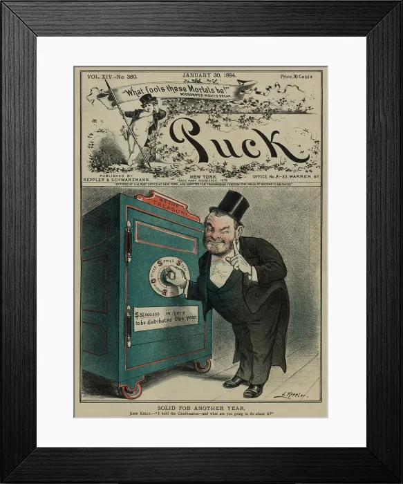 Framed Print : SOLID FOR ANOTHER YEAR, 1884 cartoon of John Kelly next to a safe labeled N.Y. City Treasury